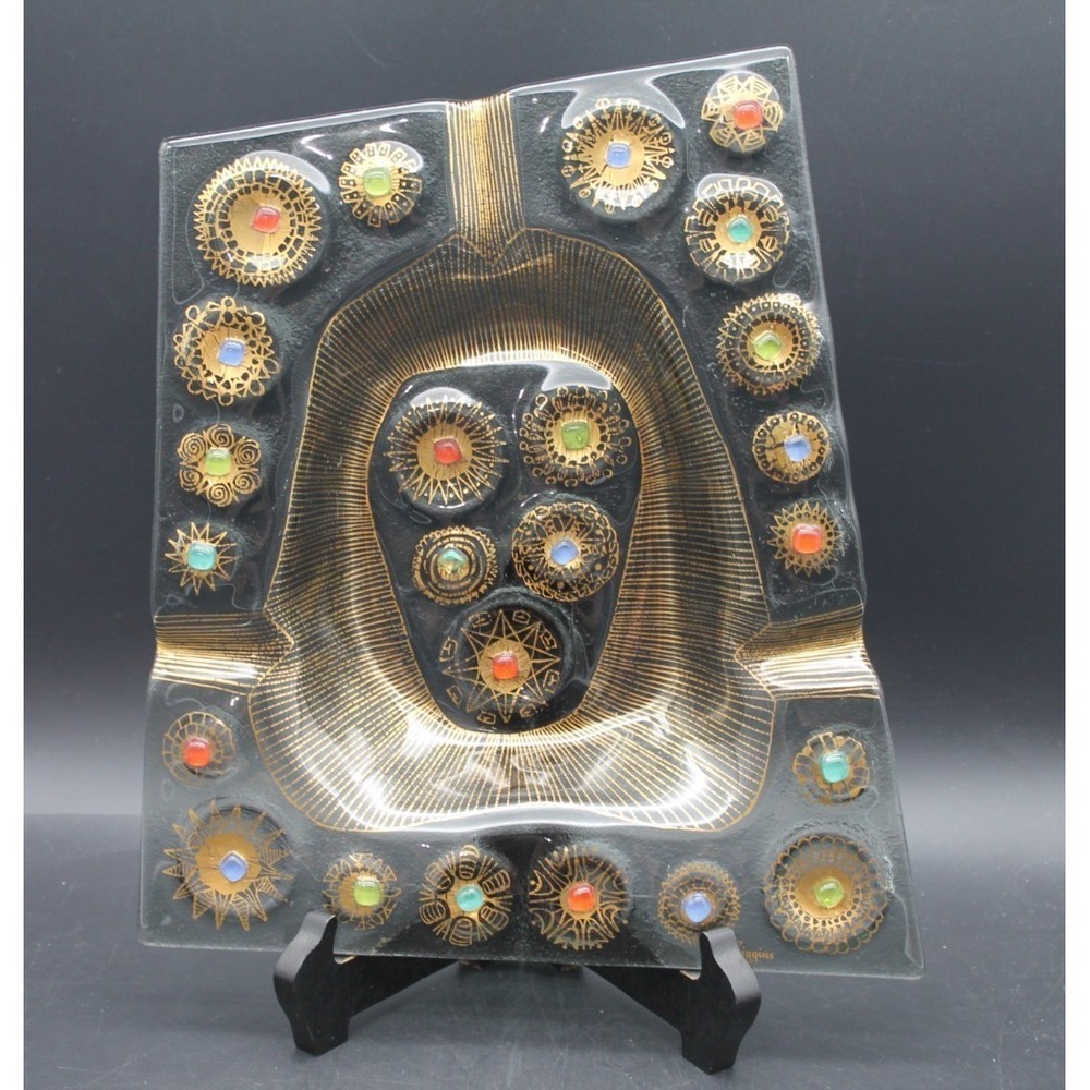Vintage Higgins Barbaric Jewels Fused Glass Ashtray Mid Century Modern MCM Black